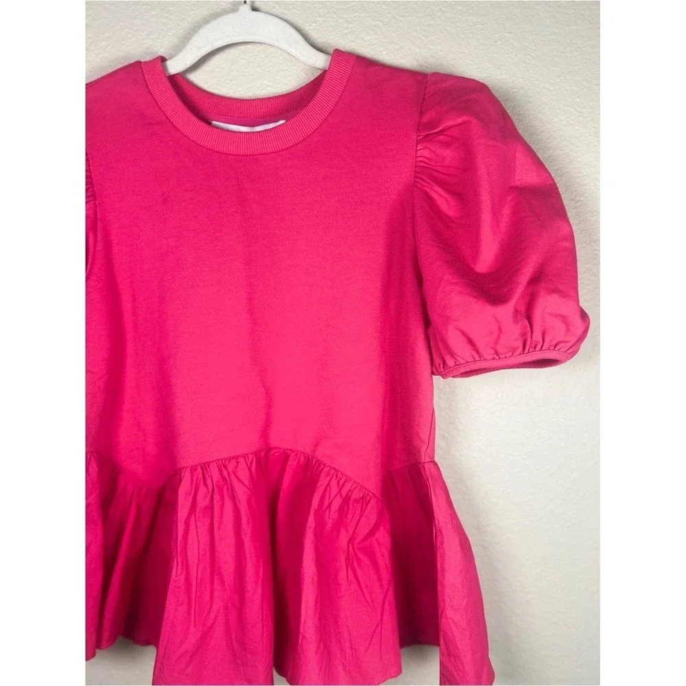 English Factory Mixed‎ Media Puff Sleeve Peplum Top Pink XS NWT Crewneck Blouse